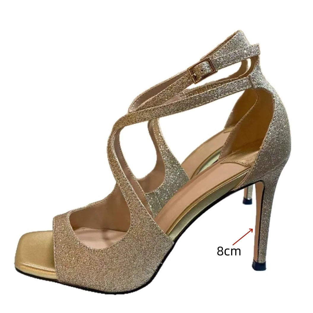 2025 Women's Spring/Summer New Style Glitter Material Fairy Style Cross Buckle with Stiletto High Heels and Open Toed Sandals