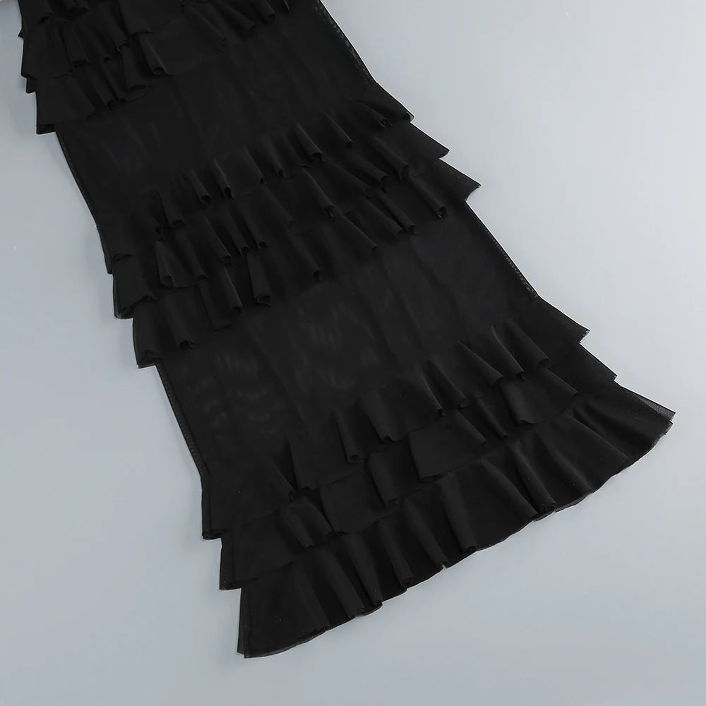 New 2025 Women Celebrity New Sexy Strapless Black Lace Mesh Long Bodycon Dress Elegant Evening Party Club Dress