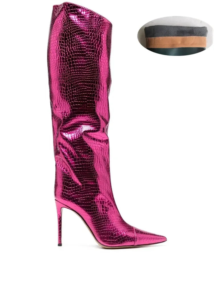 2022 Women's New Stone Print Boots Sexy Runway Stiletto Pointed Toe Women's High Boots 10cm High Heel Side Zip Women's Boots