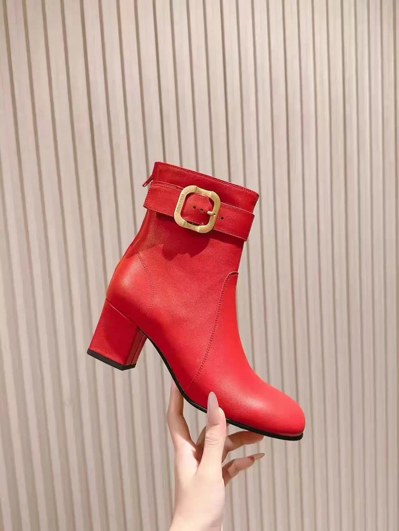 European and American Sexy Hot Girl Belt Buckle Thick High Heels Round Toe Back Zipper Knee Highboots Women's Retro Elasticshoes