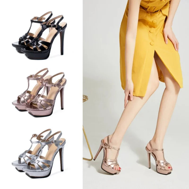 Women's Summer European and American Fashion Stiletto Waterproof Platform Leather Open Toe Round Head Buckle Sandals