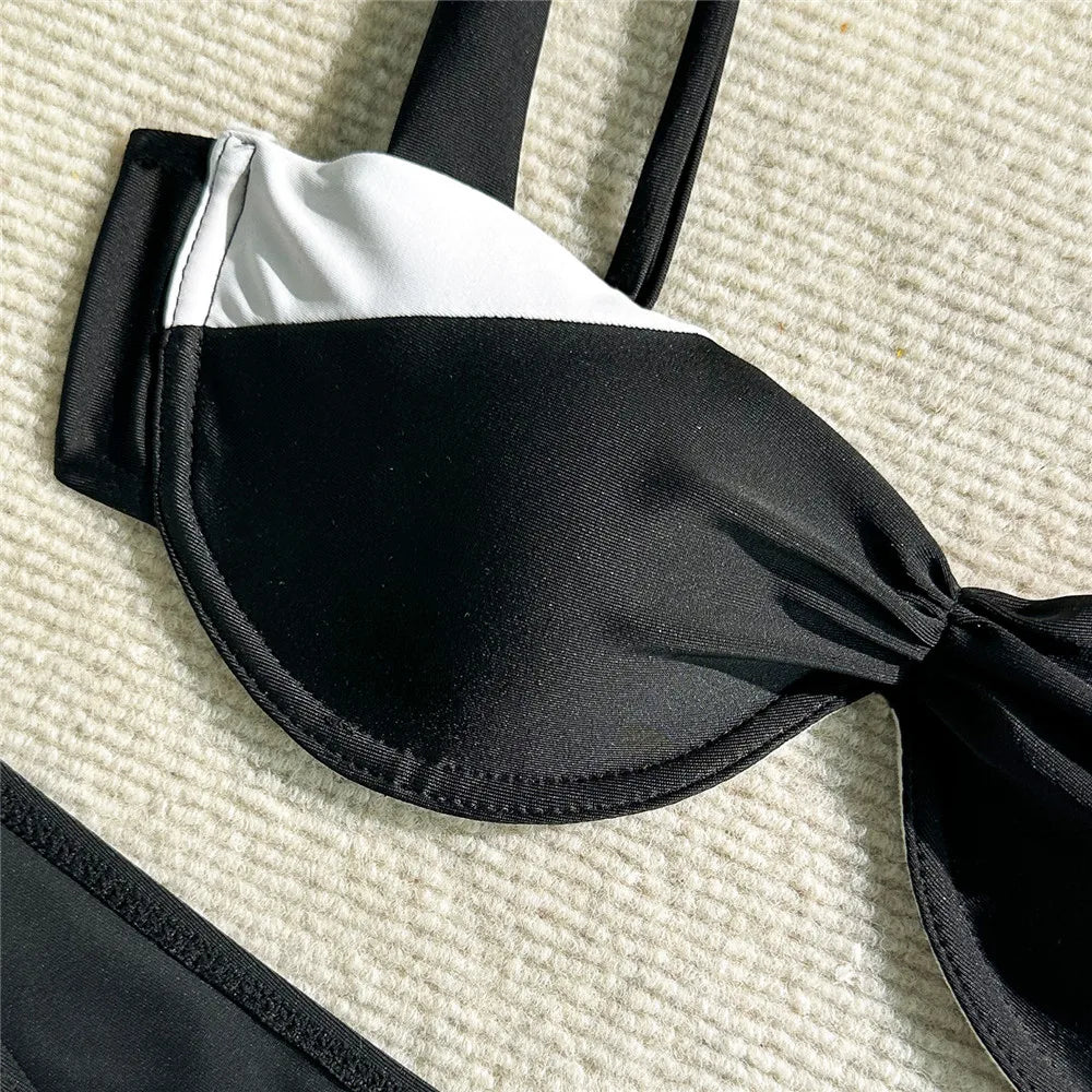 Black White Patchwork Swimwear Push Up Bikinis Sets 3 Piece Mini Skirts Cover Up Sexy Swimsuit Women 2025 Beachwear Bikini Mujer