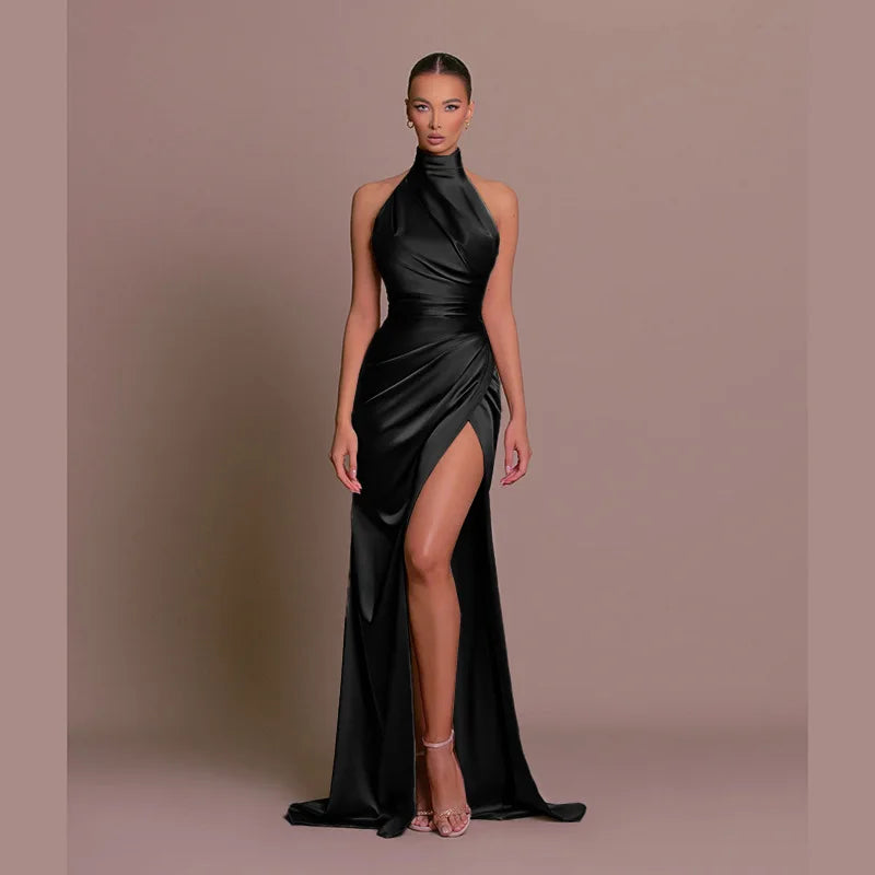 Womens Elegant Long Formal Evening Cocktail Party Dress Sexy High Split Ruched Bodycon Wedding Guest Bridemaid Maxi Dress