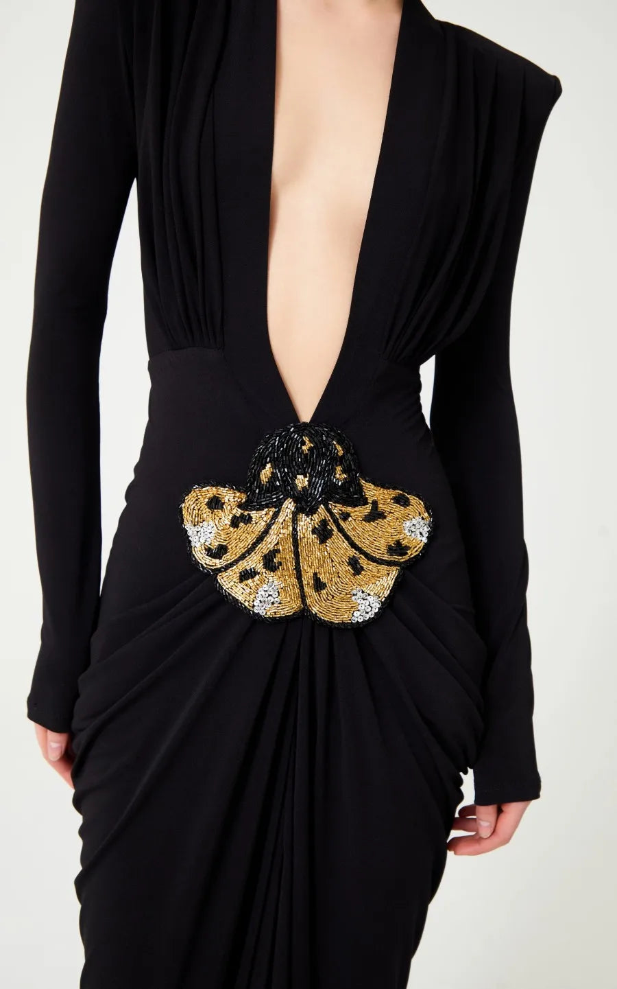 2025 New Spring Women Long Sleeve Deep V-Neck Bodycon Long Dress Elegant Evening Party Celebrate Cocktail Outfit Vestido