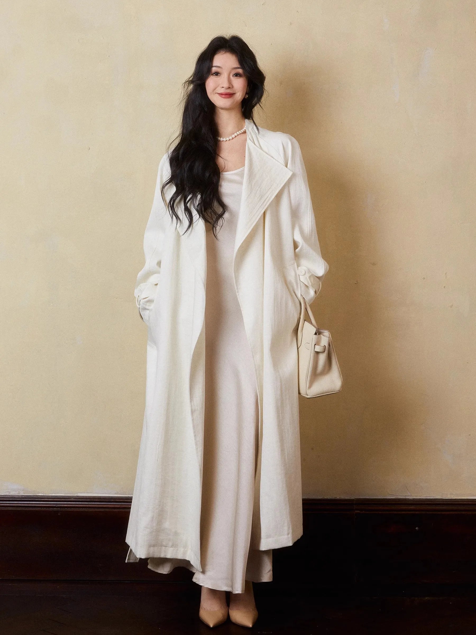 Lautaro Spring Autumn Oversized Long Linen Trench Coat for Women Sashes Loose Casual Flowy Korean Fashion Clothes Overcoat 2025