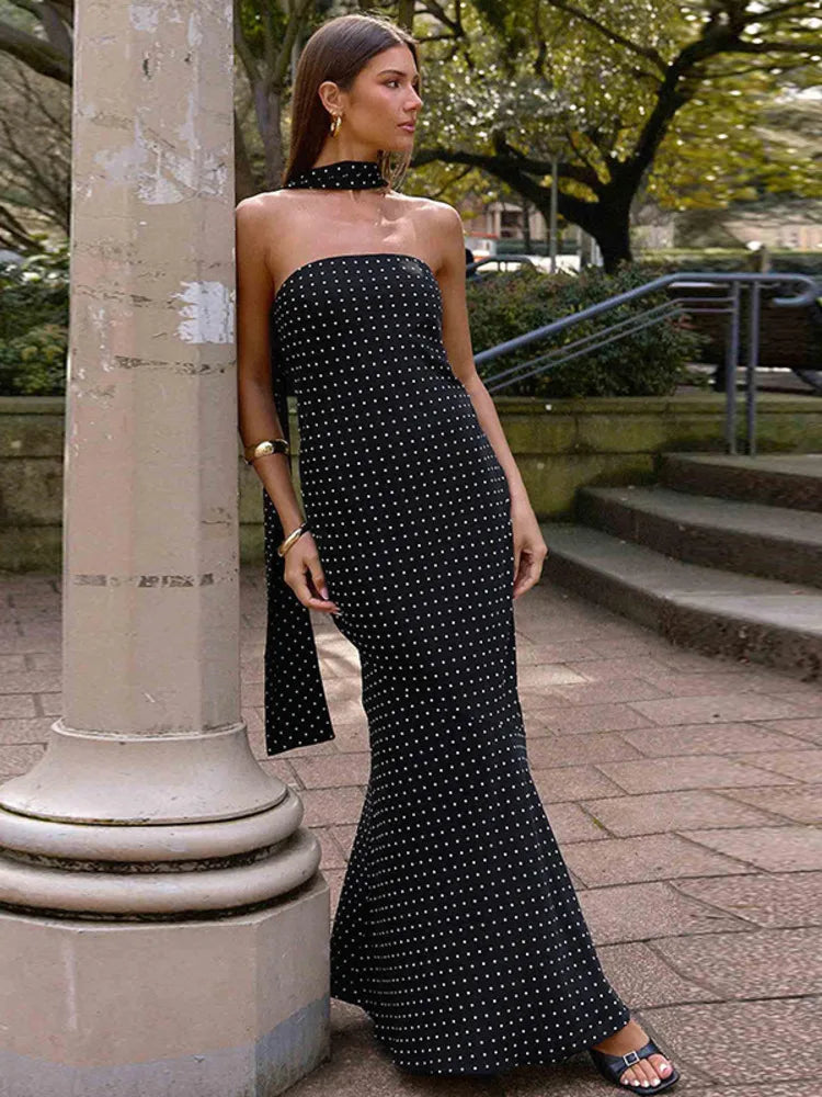 Mozision Polka Dot Strapless Sexy Maxi Dress Women Gown Elegant Scarf Collar Off-shoulder Backless Sleeveless Club Party Dress Wofashion.xyz