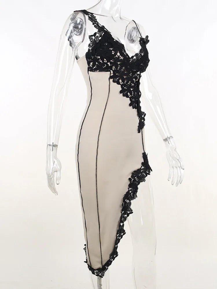 Mozision Lace High Split Sexy Midi Dress For Women Robe 2023 New Spaghetti Strap Sleeveless Deep V Neck Party Long Dress Vestido