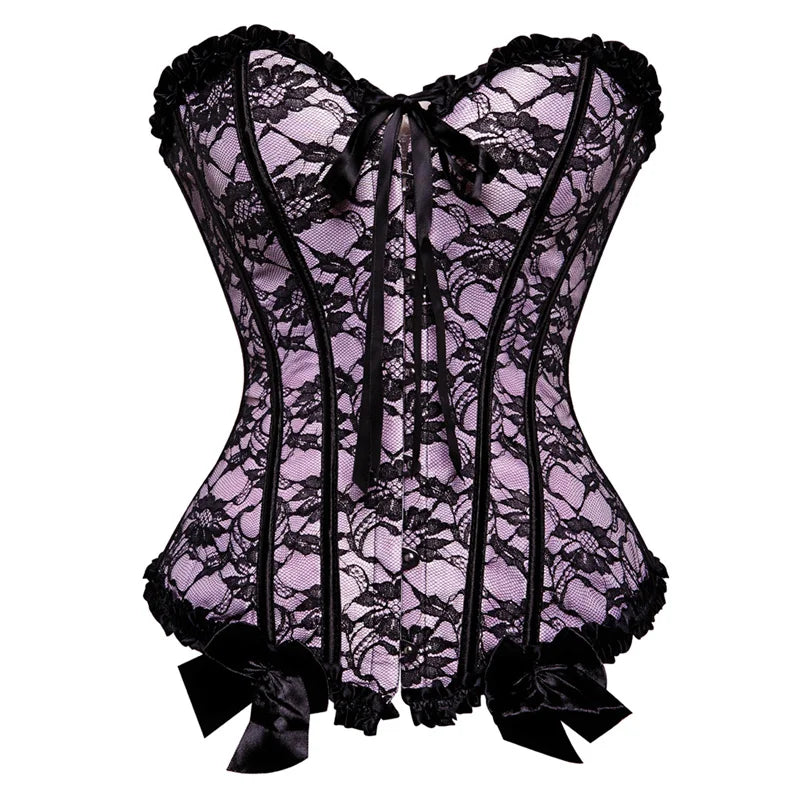 Sexy Satin Overbust Corset Top Lace Bowknot Decorated Clubwear Showgirl Body Shaper Plus Size