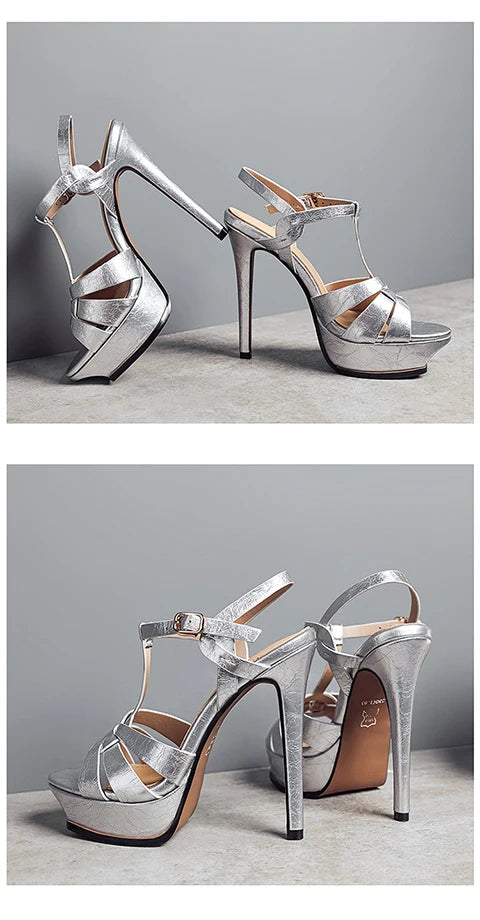 Women's Summer European and American Fashion Stiletto Waterproof Platform Leather Open Toe Round Head Buckle Sandals