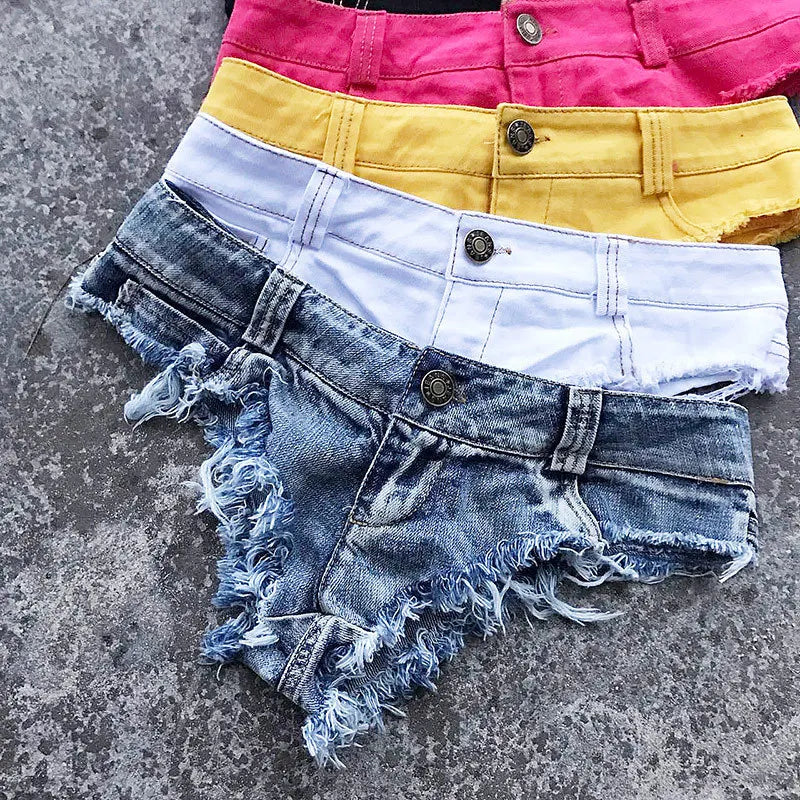 Qisin 2023 New Women Sexy Low Waist Hole Tassel Denim Shorts Jeans Thong Short Feminino Wofashion.xyz