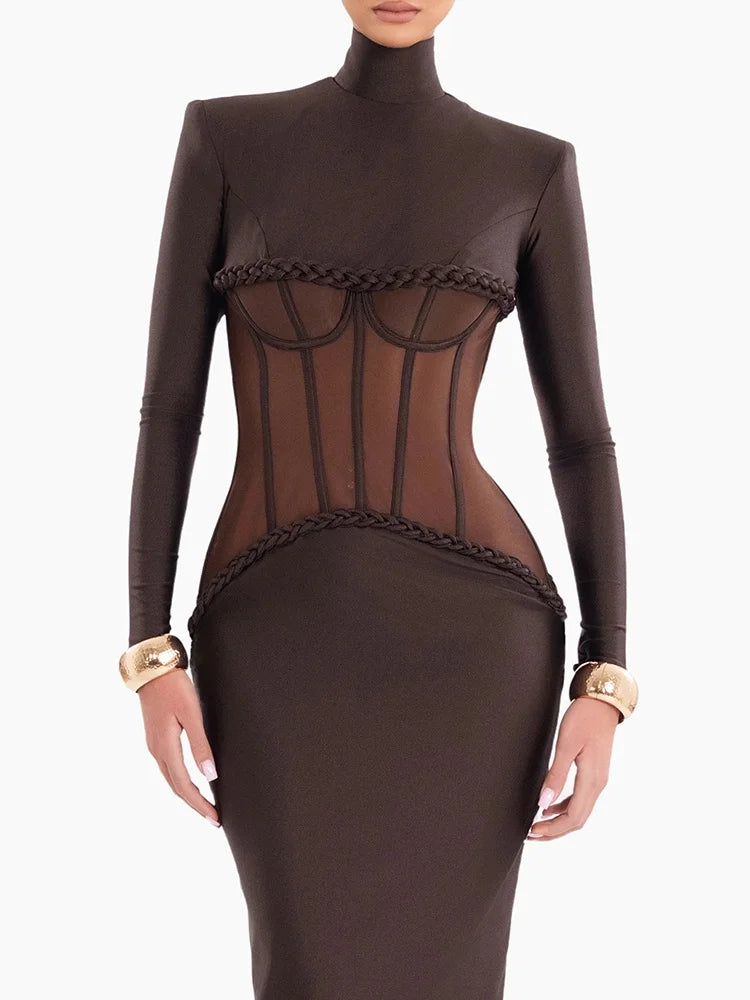 Luxury Sheer Corset Brown Long Dresses for Women – Long Sleeve High Neck See Through Bodycon Maxi Dress with Mesh Waist Detail