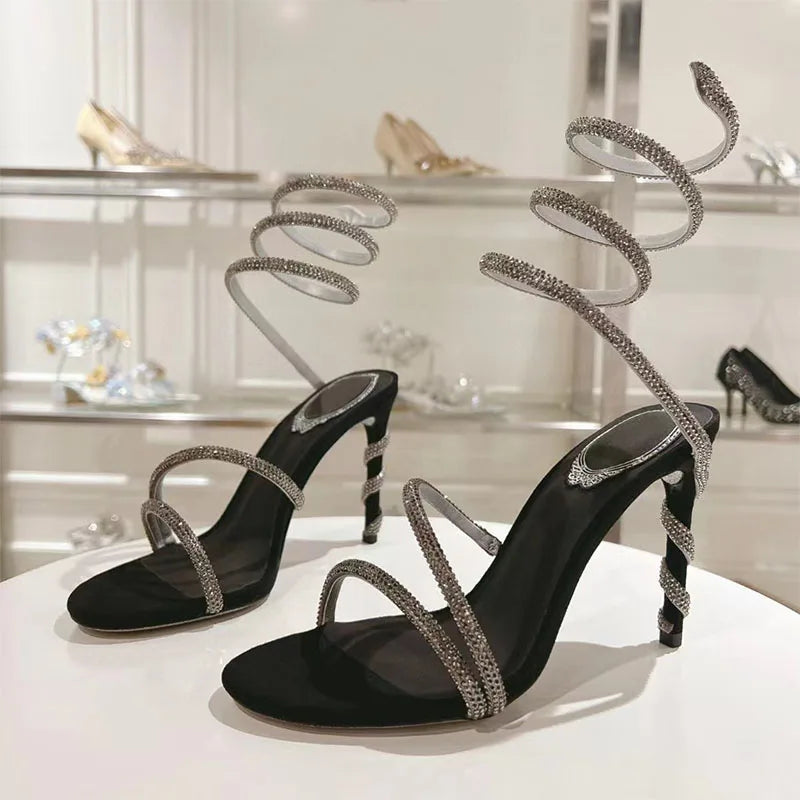 Luxury High Heels Sandals Woman Rhinestone Snake Twine Around Ankle Strap Wedding Shoes Stiletto Summer Gladiator Sandals Women