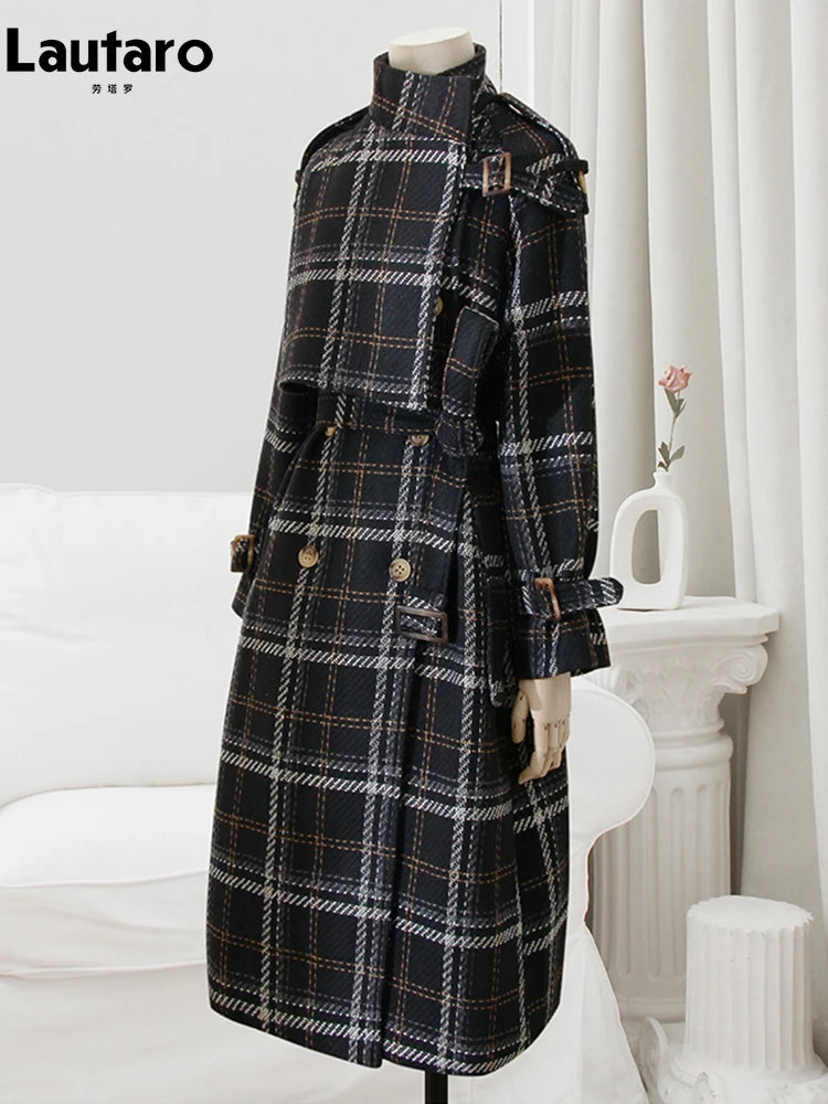 Lautaro Autumn Winter Long Loose Warm Plaid Wool Blends Trench Coat for Women Raglan Sleeve Belt Double Breasted Woolen Overcoat