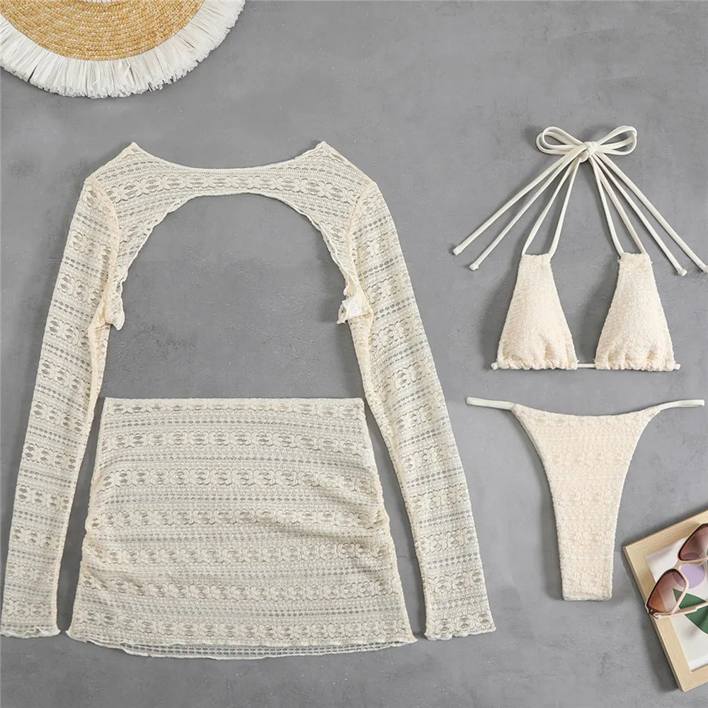 Beige Flower Mesh String Halter Bikinis Sets 4 Piece Sexy Swimsuit Women Long Sleeve Cover Up Swimwear Triangle Bikini Beachwear