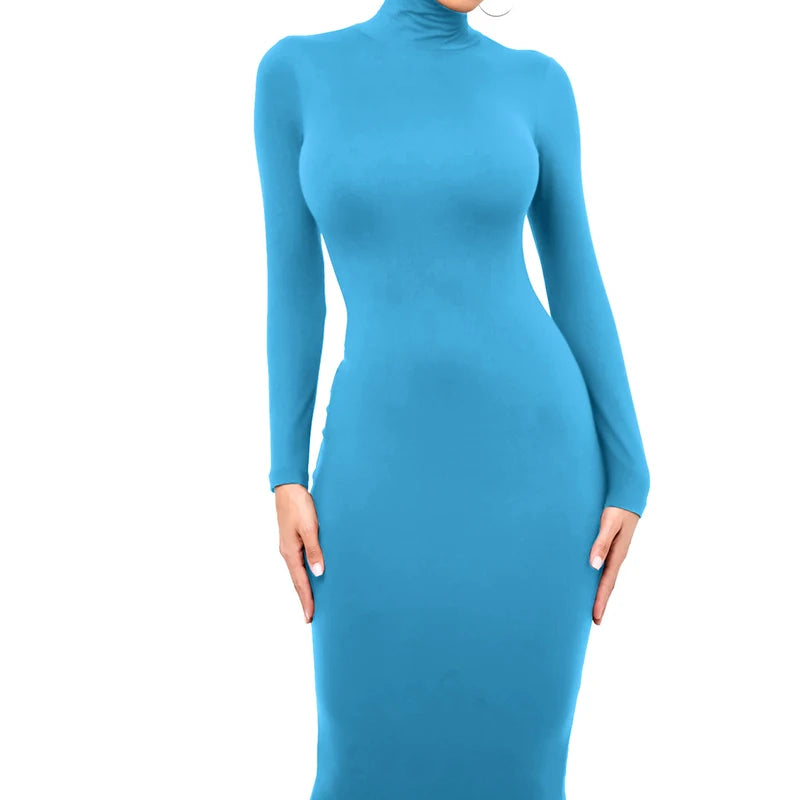 Winter Black Turtleneck Sexy Women Dress Autumn Long Sleeve Skinny Midi Boydcon Casual Blue Plush Knee-Length Party Club