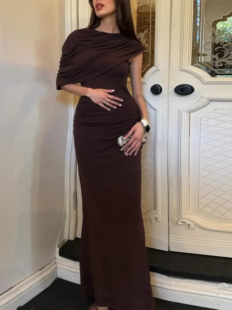 Irregular Ruched Sexy Maxi Dress For Women Elegant Autumn Inclined Shoulder Pleated Club Party Long Dresses Female