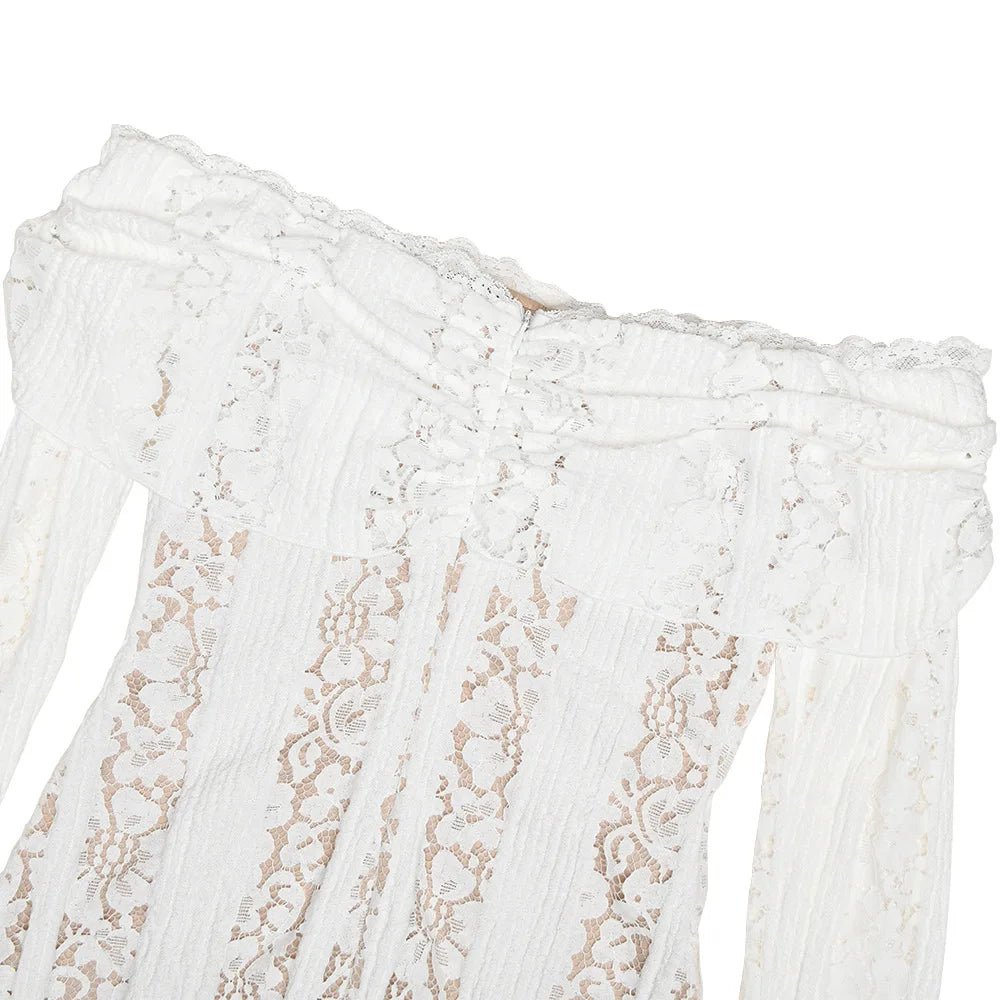 Suninheart White Maxi Wedding Guest Dress Women 2025 Elegant Off The Shoulder evening party dresses red lace flare sleeve dress