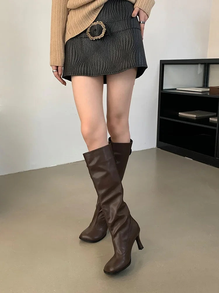Autumn Winter Cosy Button Woman Knee-High Modern Boots Fashion Round Toe Thin Heels Ladies Long Booties Party Shoes