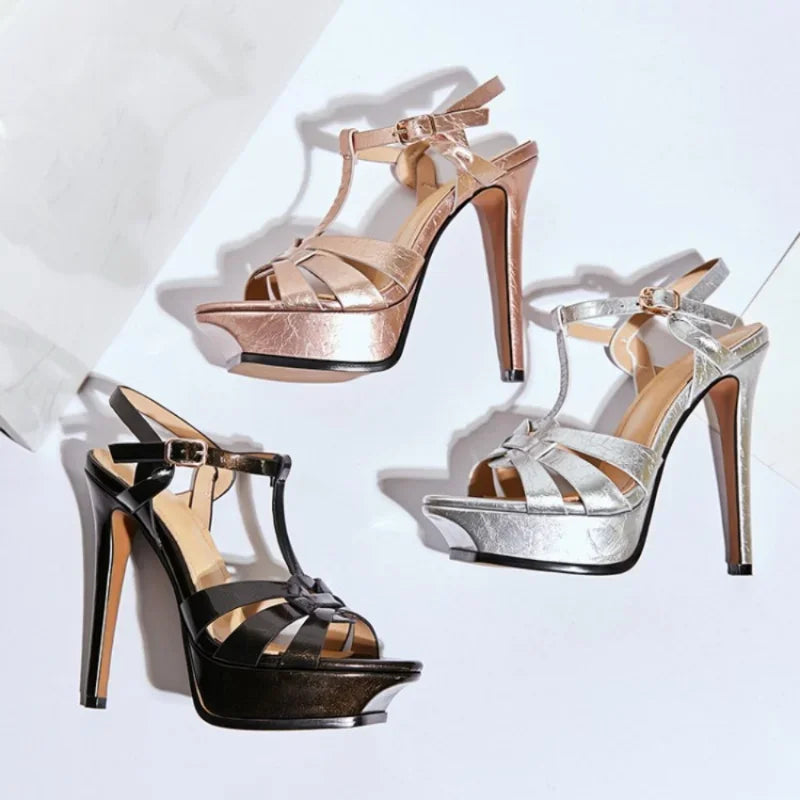 Women's Summer European and American Fashion Stiletto Waterproof Platform Leather Open Toe Round Head Buckle Sandals