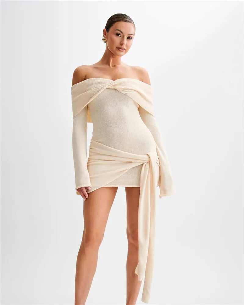 Mozision Off-shoulder Knit Mini Dress For Women Autumn Winter New Strapless Backless Long Sleeve Ruched Draped Knitted Dress