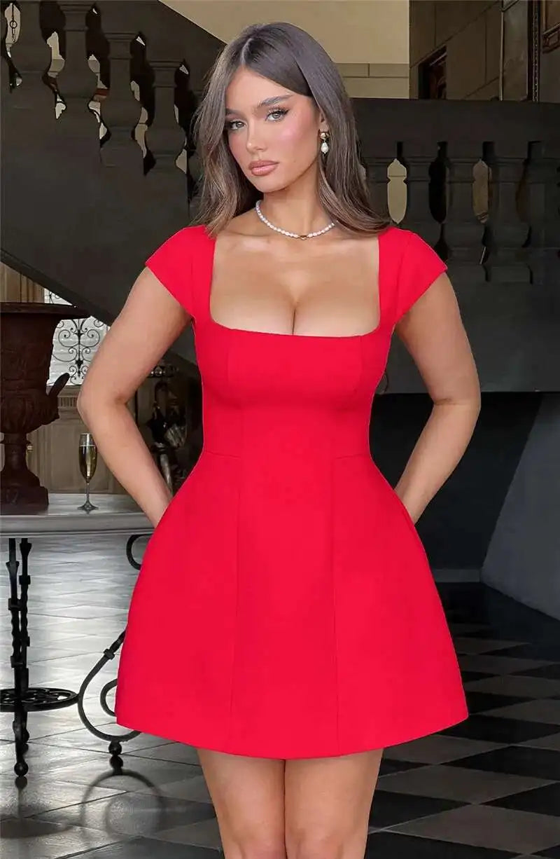 Mozision Square Collar Short Sleeve Mini Dress For Women Robe New Fashion Solid A-line Loose High Waist Short Dress Elegant