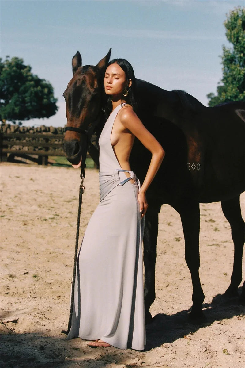 Mozision One Shoulder Backless Sexy Maxi Dress Women Gown Fashion Metal Buckle Diagonal Collar Sleeveless Draped Club Long Dress