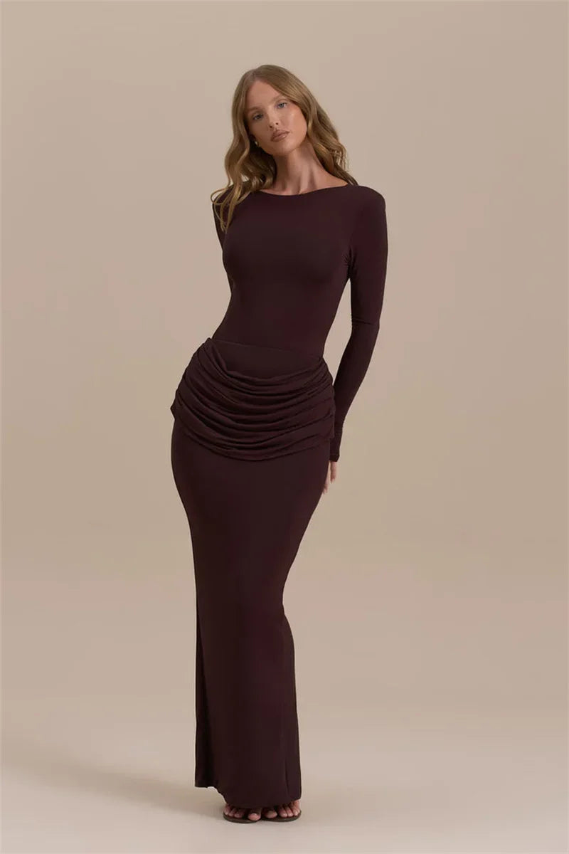 Long Sleeve Ruched Sexy Maxi Dress For Women Gown Autumn Winter New O Neck High Waist Bodycon Club Party Long Dresses