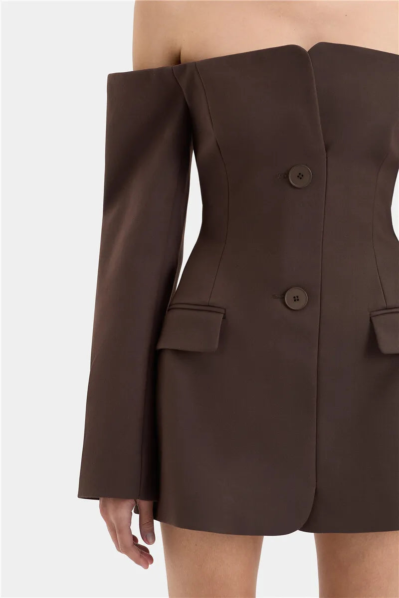Mozision Off-shoulder Strapless Sexy Blazer Dress For Women Fashion Solid Zipper Two Pocket Long Sleeve Backless Mini Dress