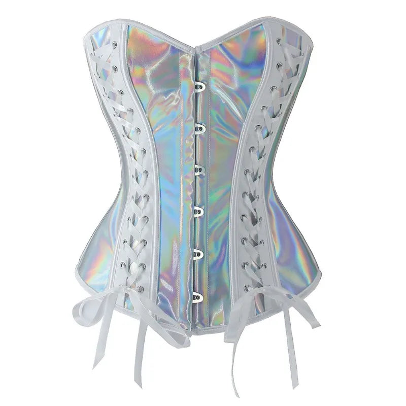 Steampunk Silver PU Leather Corset Top Gothic Lace Up Overbust Bustier Slim Waist Body Shapewear Women Sexy Corselet Clubwear Wofashion.xyz