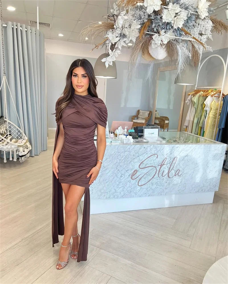 Mozision Half High Collar Ruched Sexy Mini Dress Women Gown Elegant Short Sleeve High Waist Draped Club Party Long Dresses