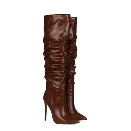 2024 Autumn and Winter New Fashionable High-heeled Pleated Sleeve Boots, European and American Sexy Fashion Runway Boots
