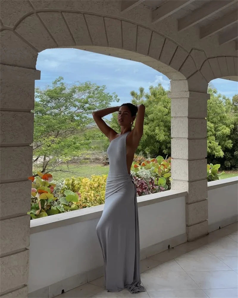 Mozision One Shoulder Backless Sexy Maxi Dress Women Gown Fashion Metal Buckle Diagonal Collar Sleeveless Draped Club Long Dress