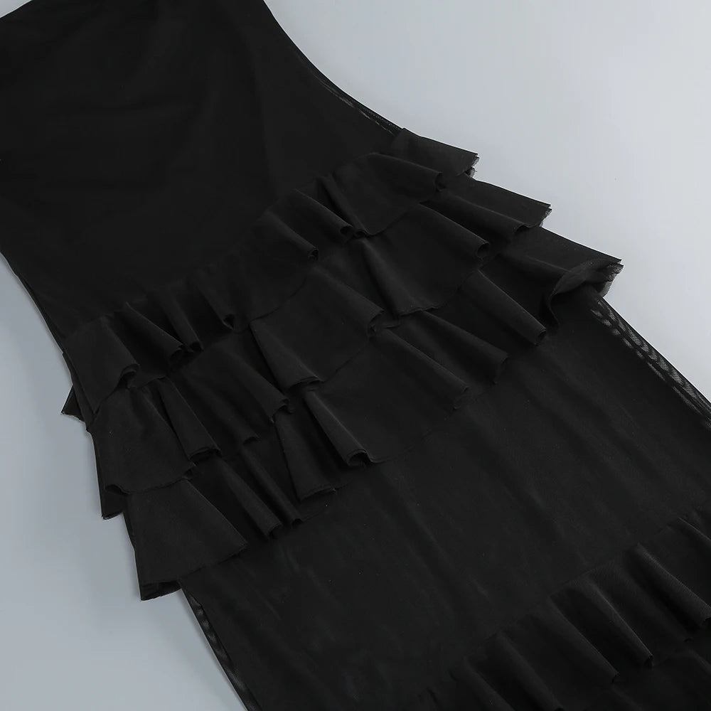 New 2025 Women Celebrity New Sexy Strapless Black Lace Mesh Long Bodycon Dress Elegant Evening Party Club Dress