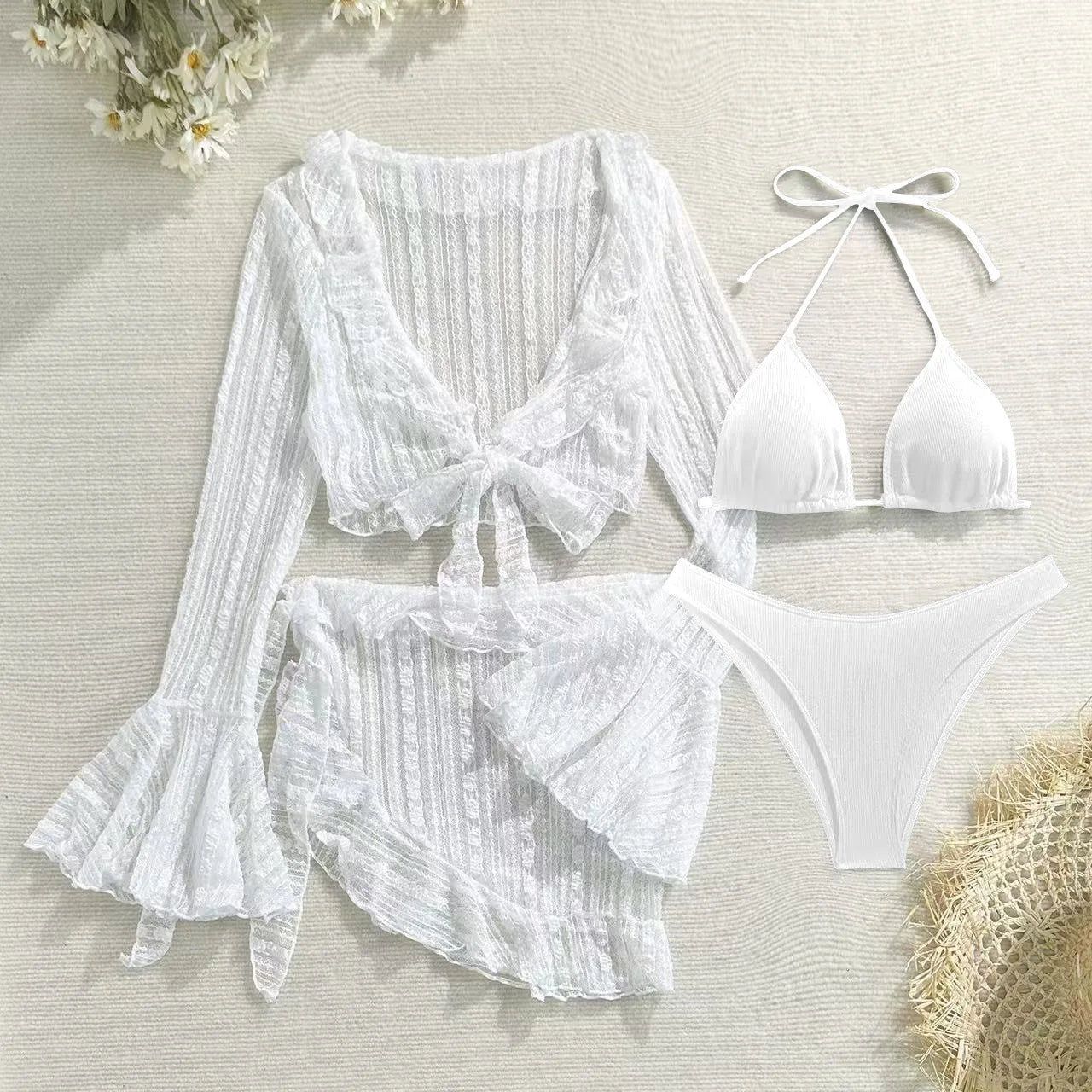 2025 new lace mesh four-piece swimsuit split bikini swimsuit