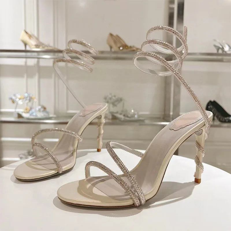 Luxury High Heels Sandals Woman Rhinestone Snake Twine Around Ankle Strap Wedding Shoes Stiletto Summer Gladiator Sandals Women