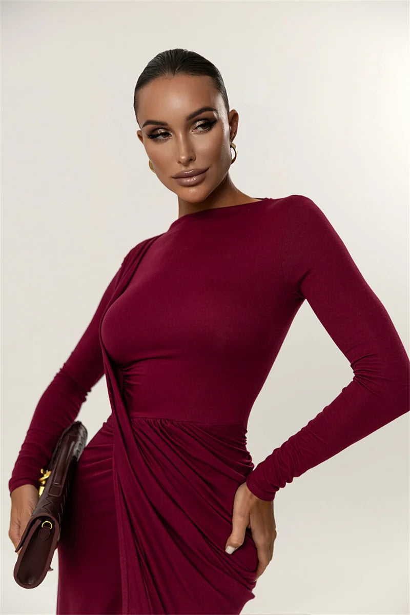 Mozision Long Sleeve Thigh High Split Sexy Maxi Dress Women Gown Elegant O Neck Draped Ruched Bodycon Club Party Long Dresses