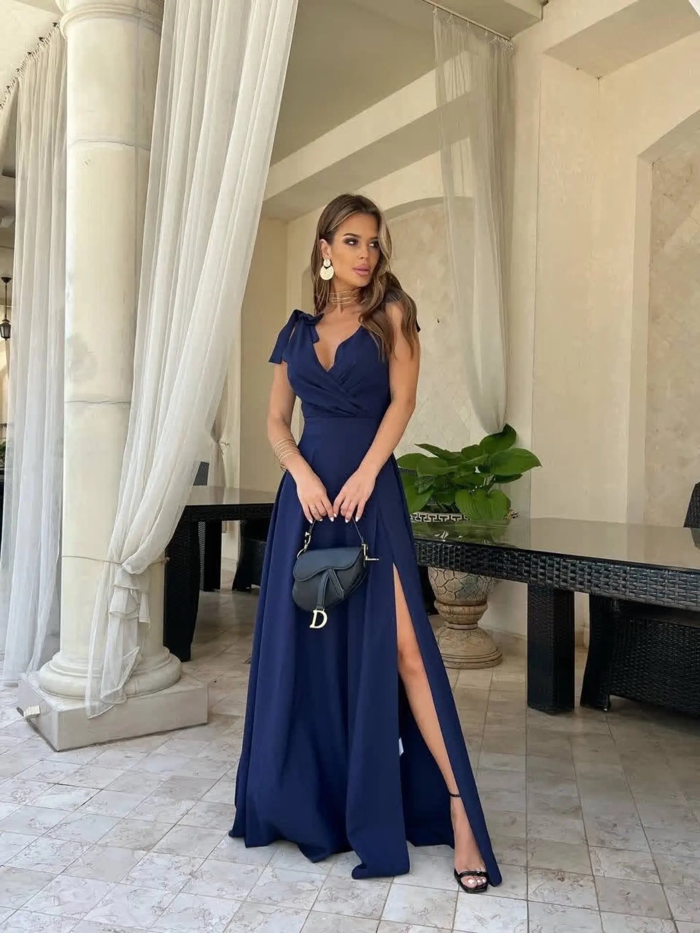 Elegant Summer Maxi Dress for Women High Waist V-Neck Bowknot Strap Side Split Long Evening Party Gown Female Cross Design