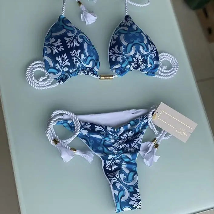 New Ladies Sexy Printed Rope Bikini Split Swimsuit