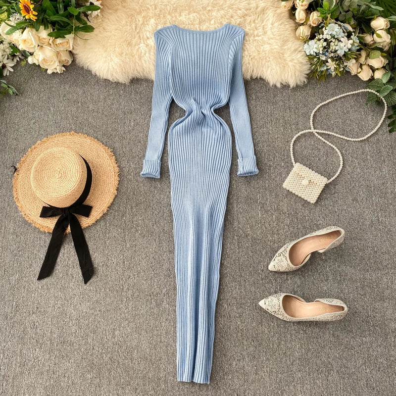 Women's Knitted Midi Dr Pure Color Long Sve Slim Fit High Waist V-Ne Korean Sle Faionable Autumn Winter Dr