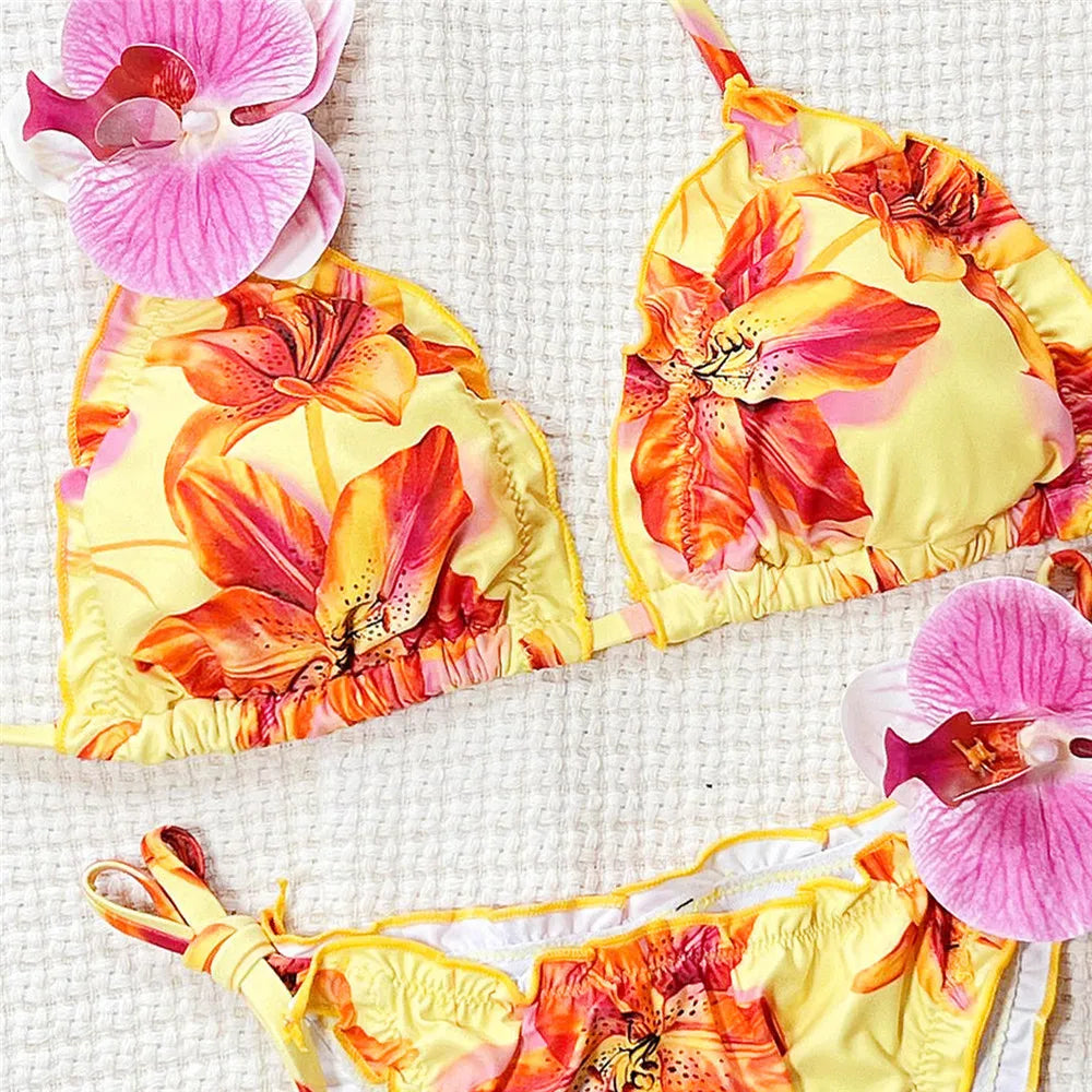 Yellow Floral Print Swimwear String Halter Micro Bikini Thong 3D Flower Sexy Swimsuit Women 2025 Bather Triangle Bikinis Sets