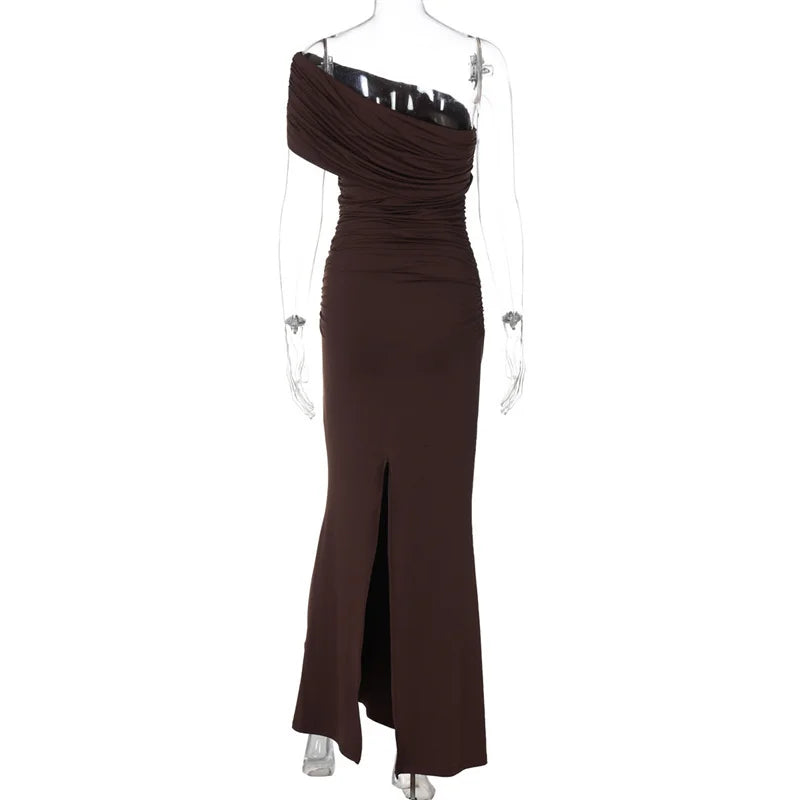 Mozision Oblique Shoulder Split Maxi Dress For Women Sleeveless Slim Fit Elegant Gown Summer Fashion Club Party Long Party Dress