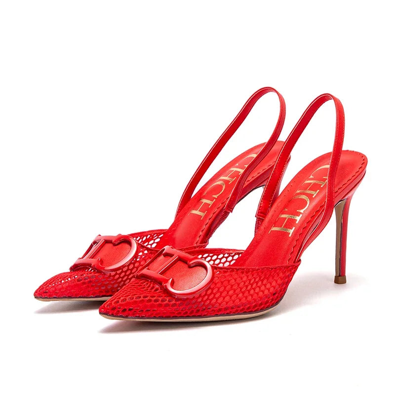 C-H Woman's High Heels  Summer Breathable Mesh Black Business Sandals 9cm For Girls