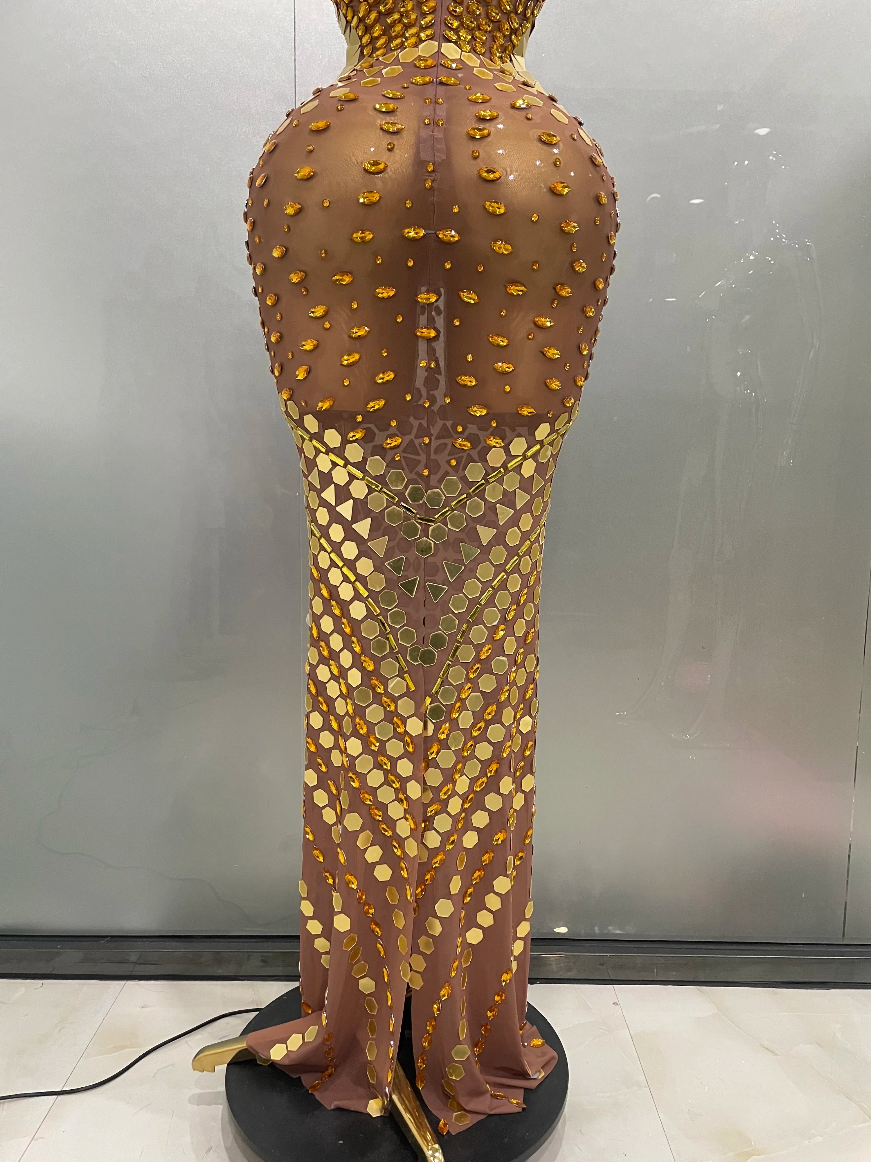 Luxury Shiny Mirror Rhinestones Hollowed-out Long Dress 2025Women Celebrity Evening Party Catwalk Prom Stage Photo Shoot Dresses