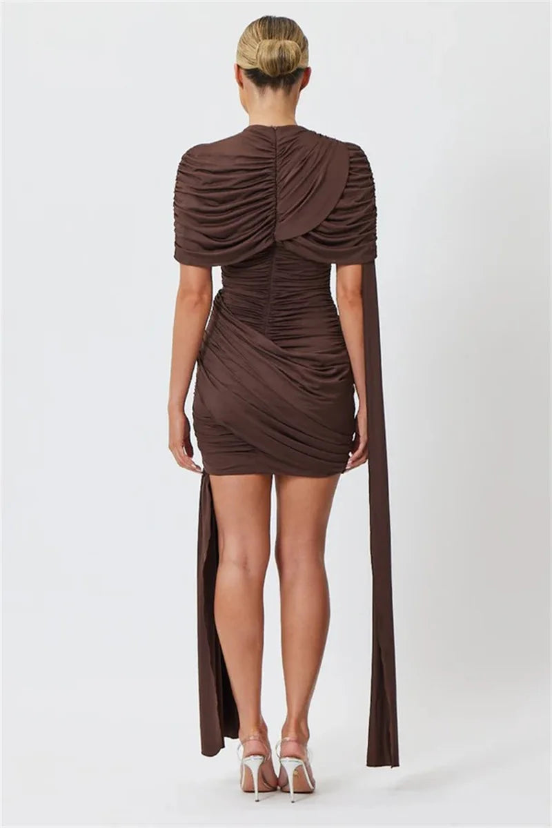 Mozision Half High Collar Ruched Sexy Mini Dress Women Gown Elegant Short Sleeve High Waist Draped Club Party Long Dresses