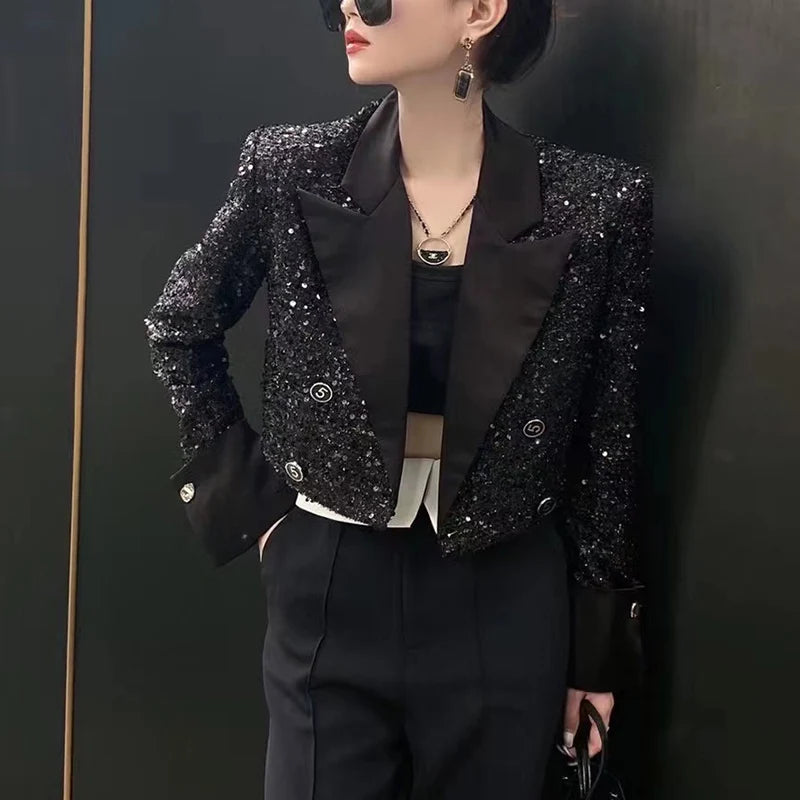 Elegant Sequined Blazer Women Spring Autumn Vintage Notched Long Sleeve Tops Crop Jacket Black Coat Cardigan Outwear