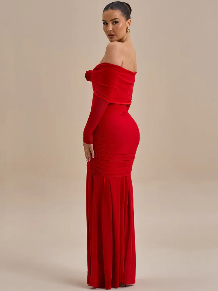 Mozision Off-shoulder Strapless Rose Sexy Maxi Dress For Women Fashion Long Sleeve Backless Ruched Bodycon Club Party Dress