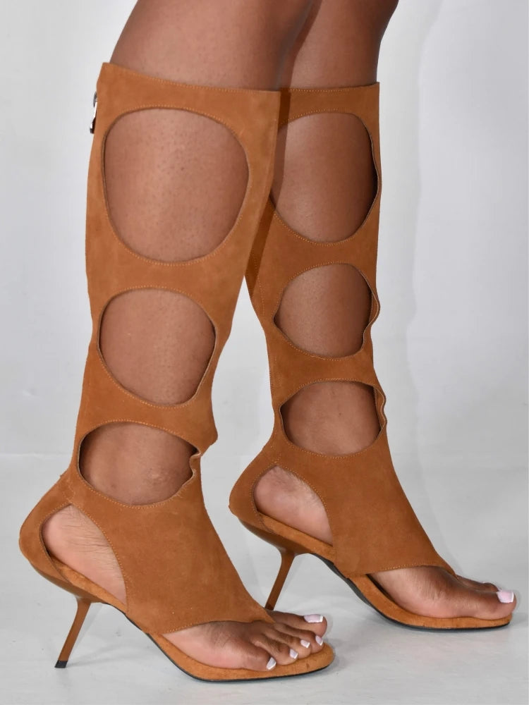 Luxury Cut-Out Knee-High Boots - Genuine Horsehair Leather Stiletto Heels with Rear Zipper | European Fashion Women's Shoes