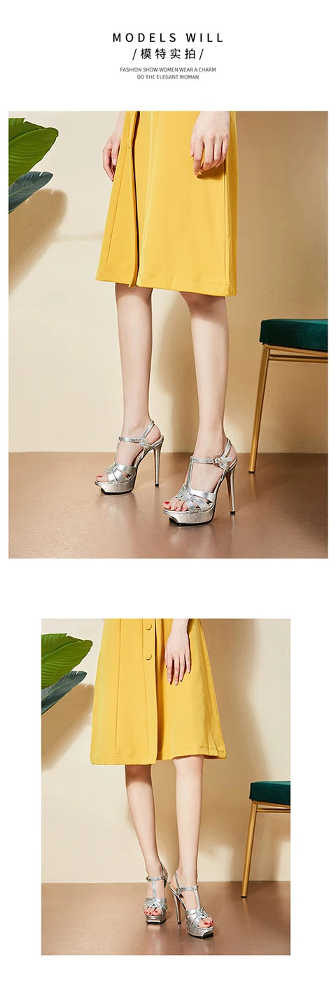 Women's Summer European and American Fashion Stiletto Waterproof Platform Leather Open Toe Round Head Buckle Sandals