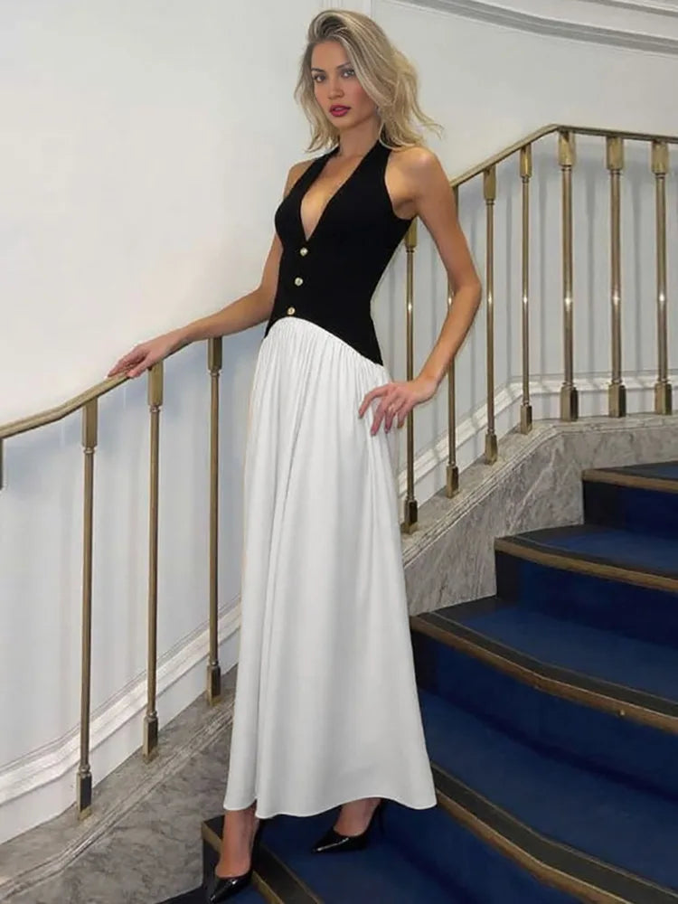 Mozision Halter V Neck Backless Sexy Maxi Dress Women Fashion Patchwork Button Sleeveless High Waist Ruched Club Party Dress