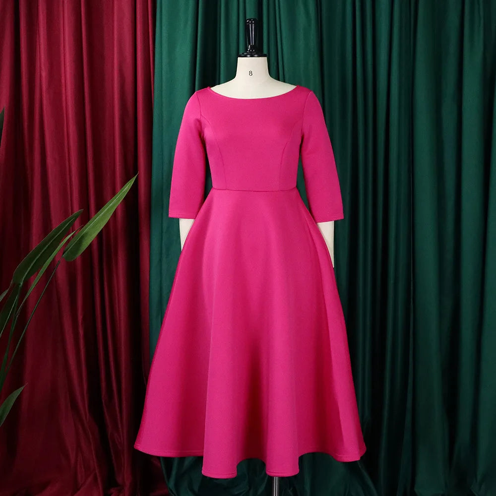 Elegant Party Dress for Woman 2024 Modern O Neck Three Quarter Sleeve High Waisted A Line Mid Calf Birthday Dinner Wedding Cloth